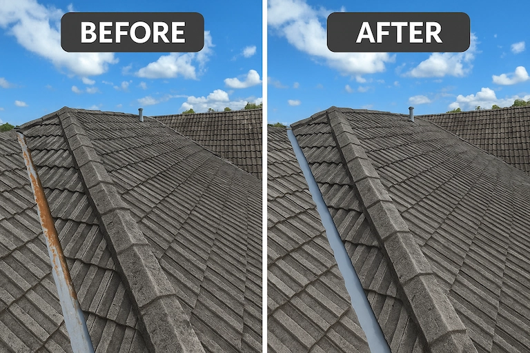 Before and After Roof Leak Repair Example - Showing fixed flashing or replaced tiles (Placeholder Image)