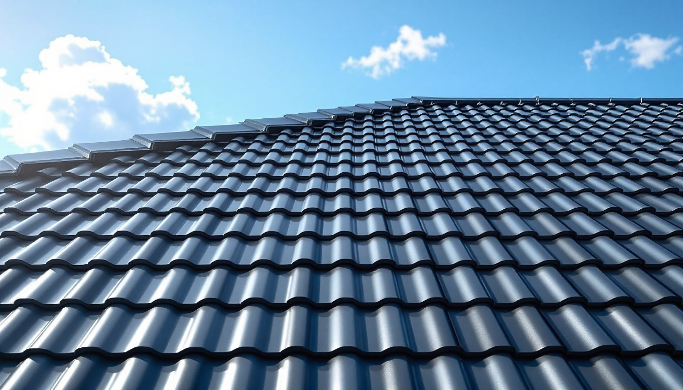A close up of dark gray roof tiles against a blue sky