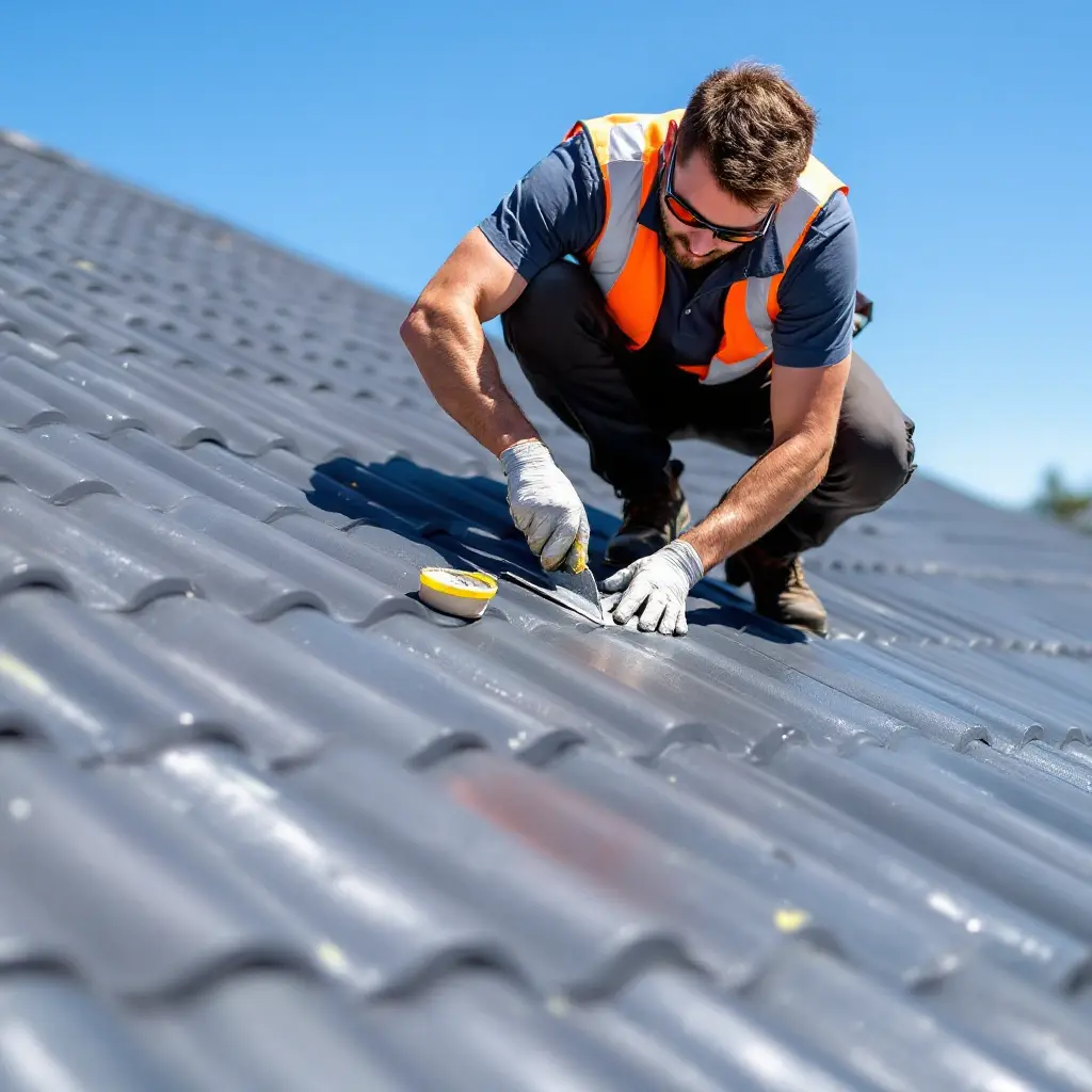 A person in work gear is crouching and working on a gray tiled roof using a trowel and a small yellow container.