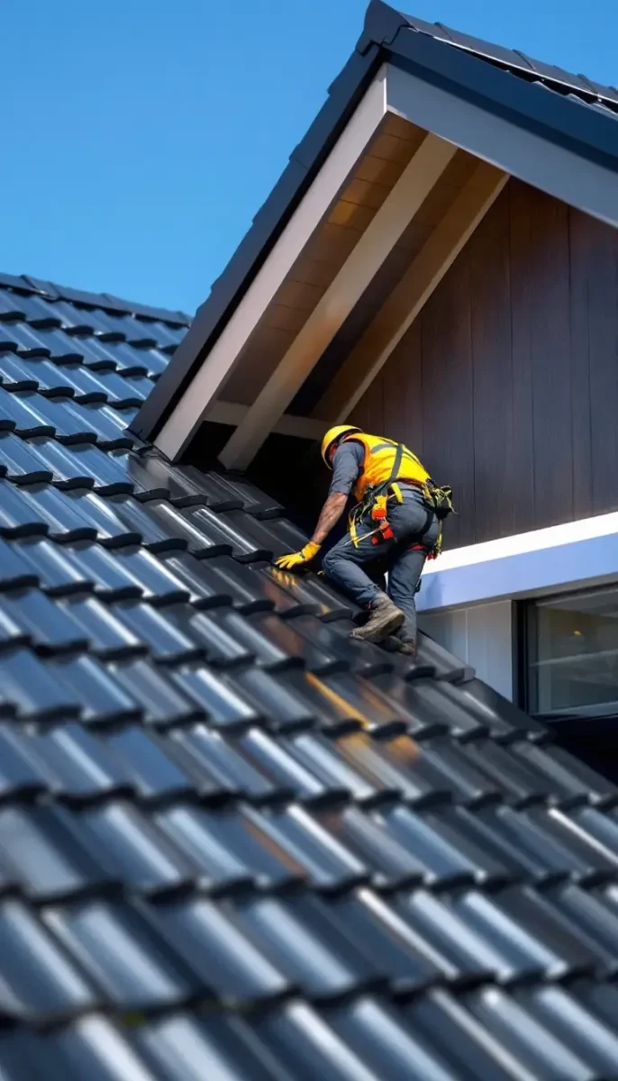 A person wearing safety gear climbs on a black tiled roof.