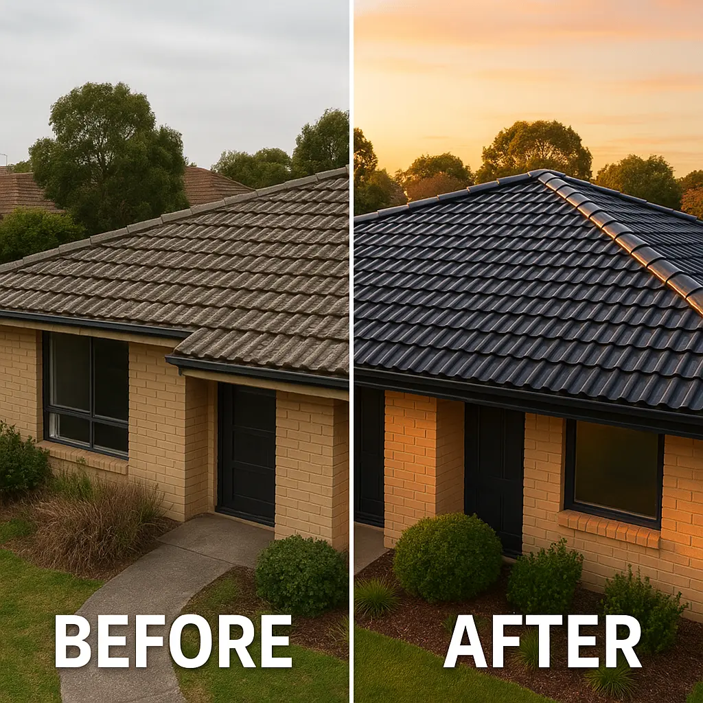 Charcoal tile roof restoration after side - Melbourne