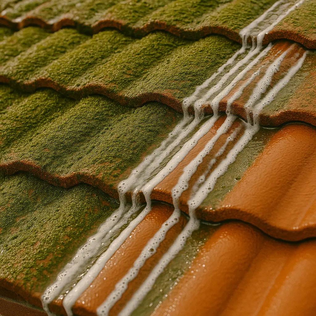 Roof before True Roof Soft Wash covered in moss and lichen