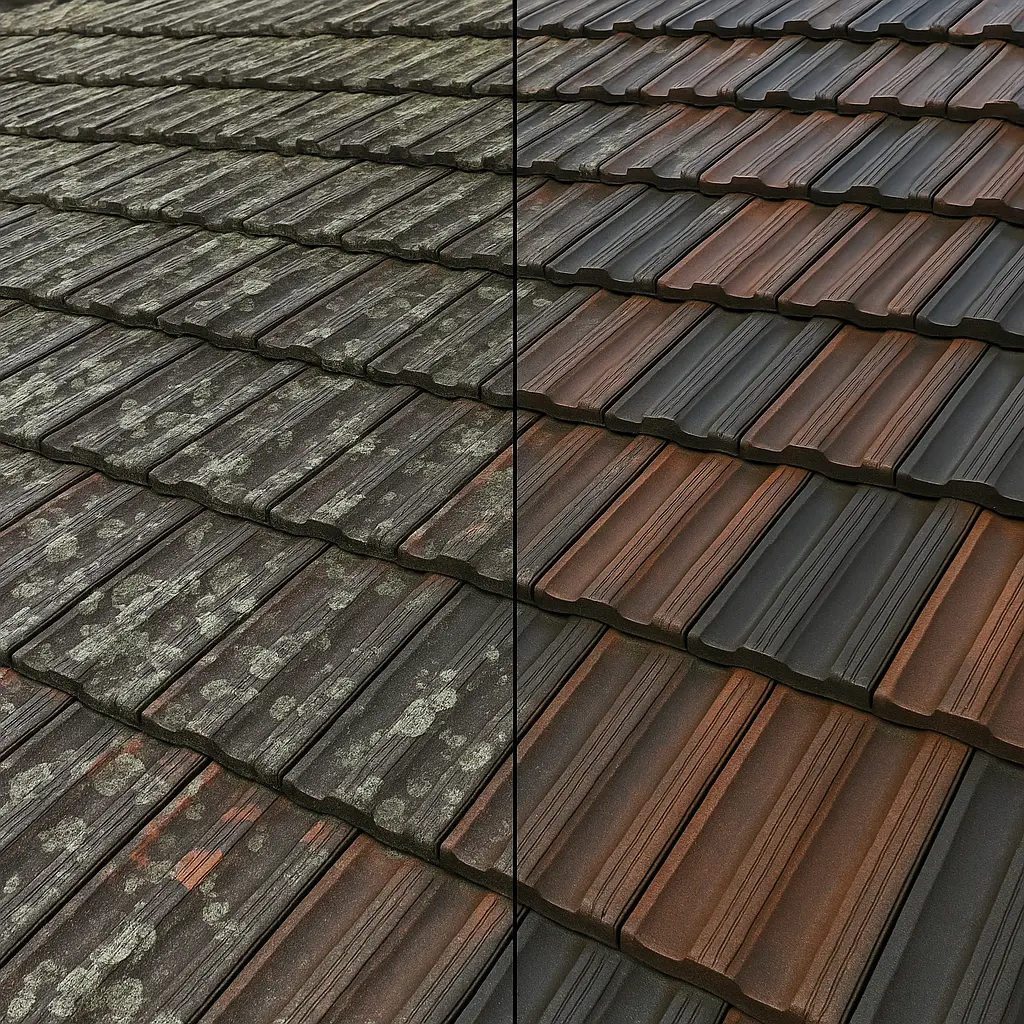 Dirty, faded, and stained roof needing professional cleaning