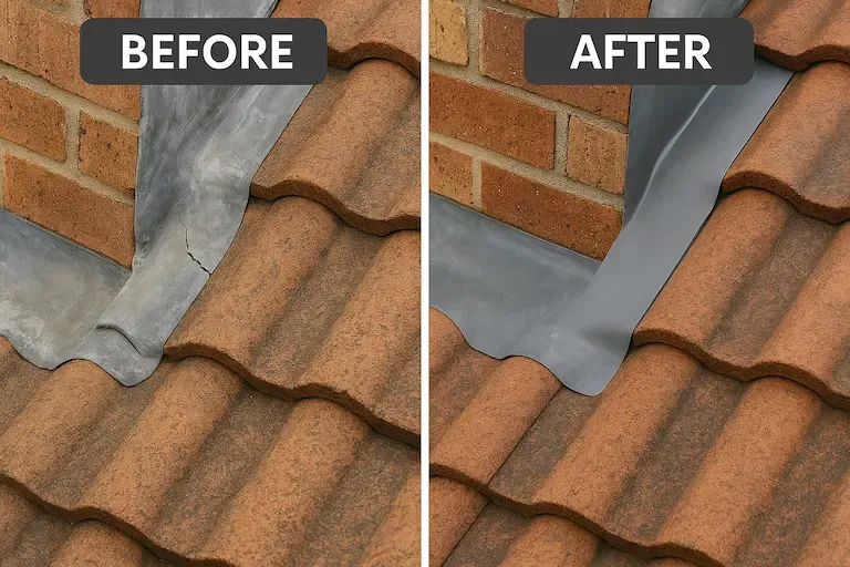 Before and after: damaged flashing repaired and sealed