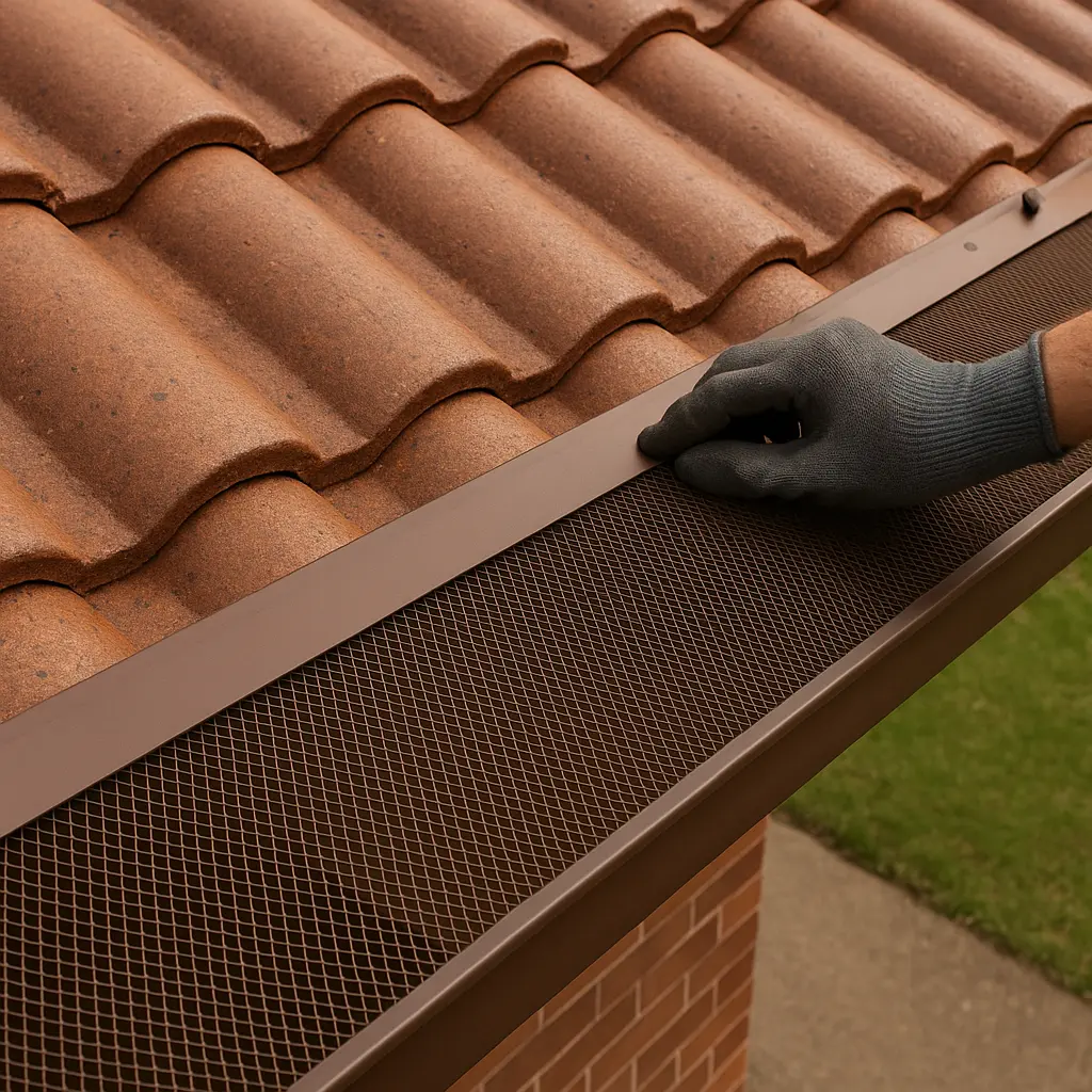 Gutter guard mesh being installed on a terracotta tile roof