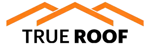 Logo of "TRUE ROOF" with stylized orange roof peaks on a green background.