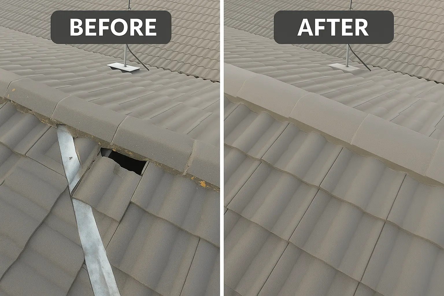 Cracked roof tiles causing leaks before repair